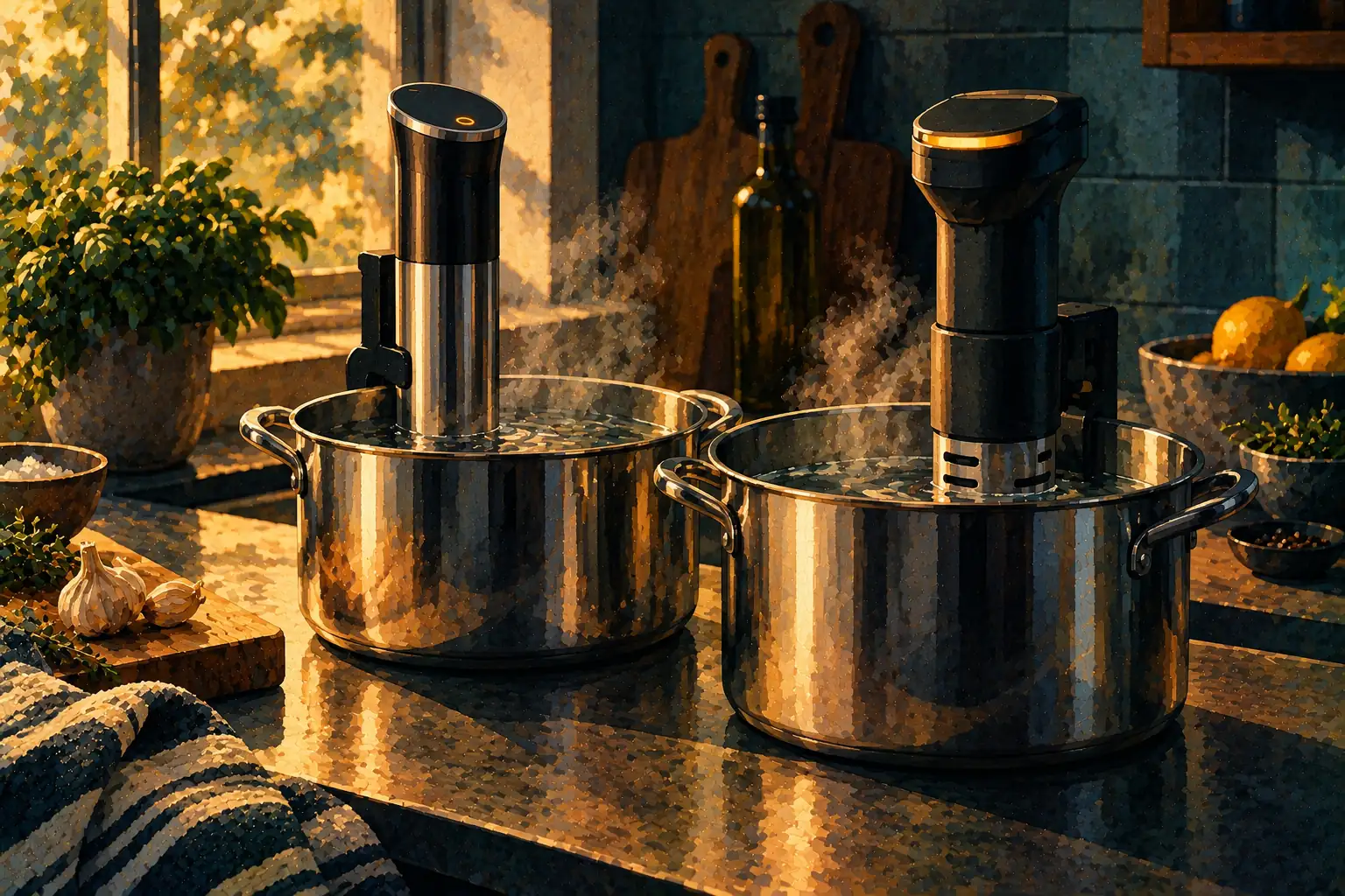 Painterly editorial illustration of two immersion circulators of different shapes clipped to steel stock pots side by side on a kitchen counter, steam rising in low golden light