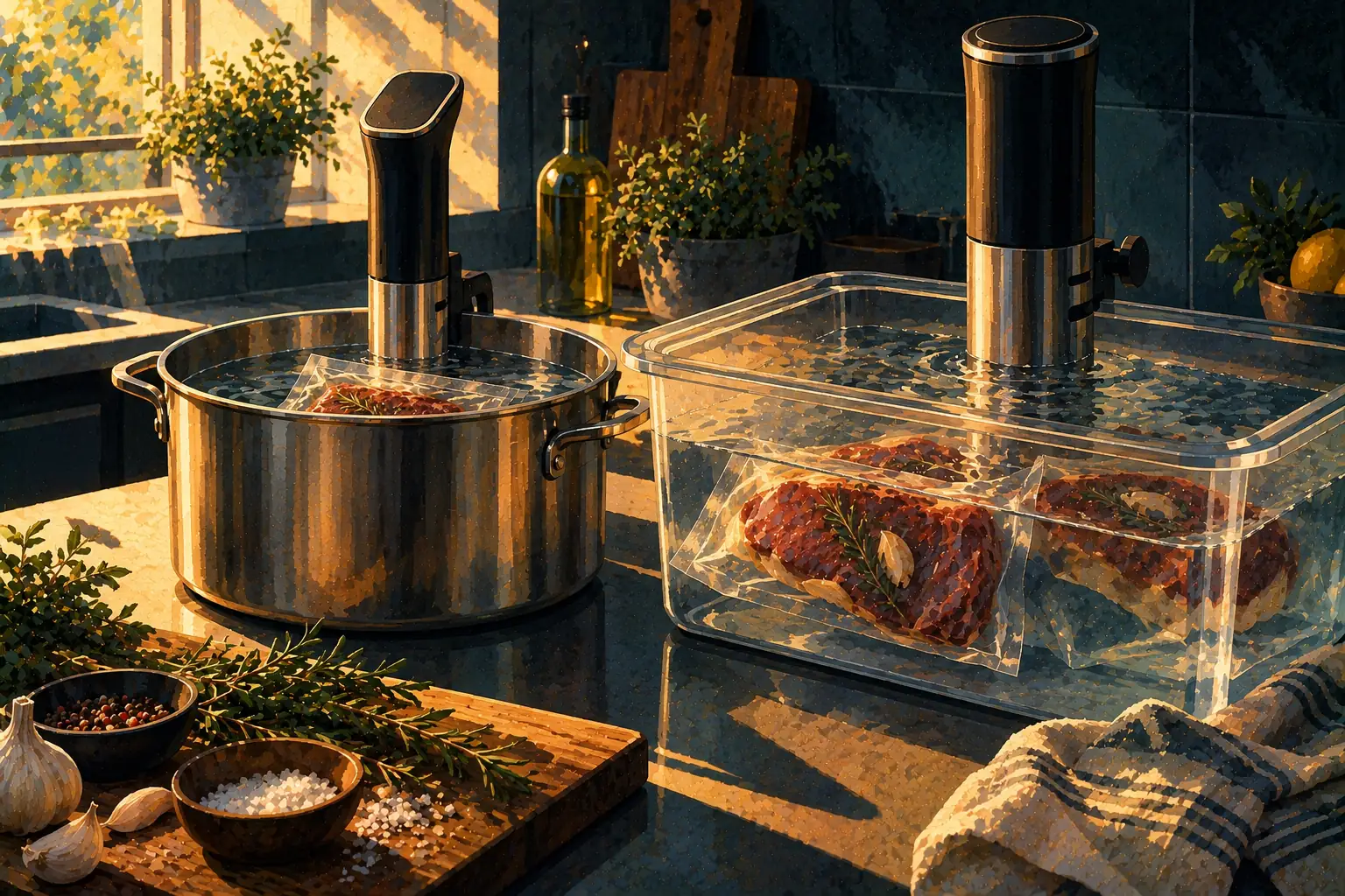 Painterly editorial illustration of two immersion circulators of different shapes side by side, one clamped to a clear container and one to a steel pot, with vacuum-sealed steaks in the water, warm morning light