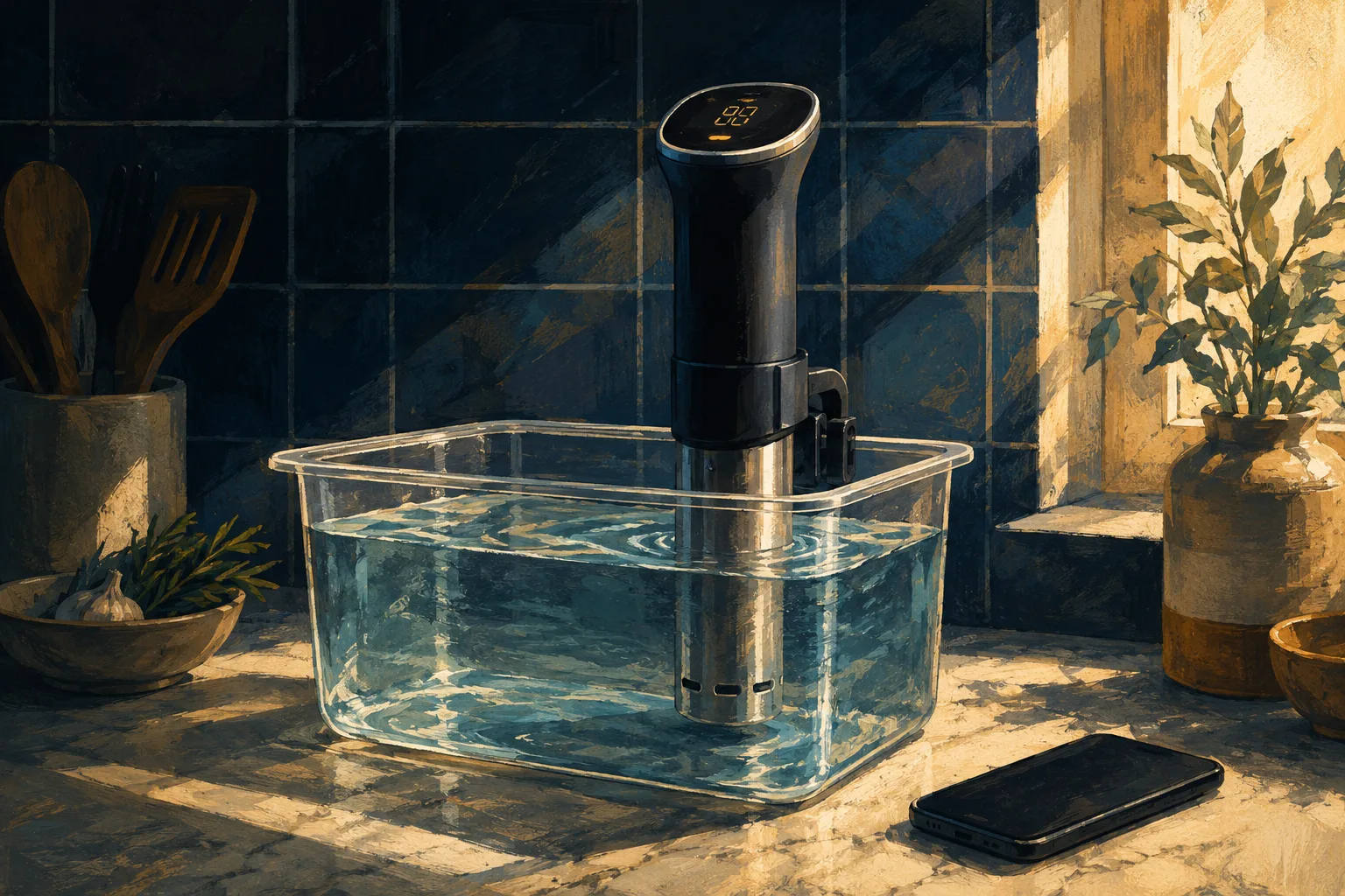 Painterly editorial illustration of a single immersion circulator clamped to a clear water-filled container on a kitchen counter, phone lying face down beside it