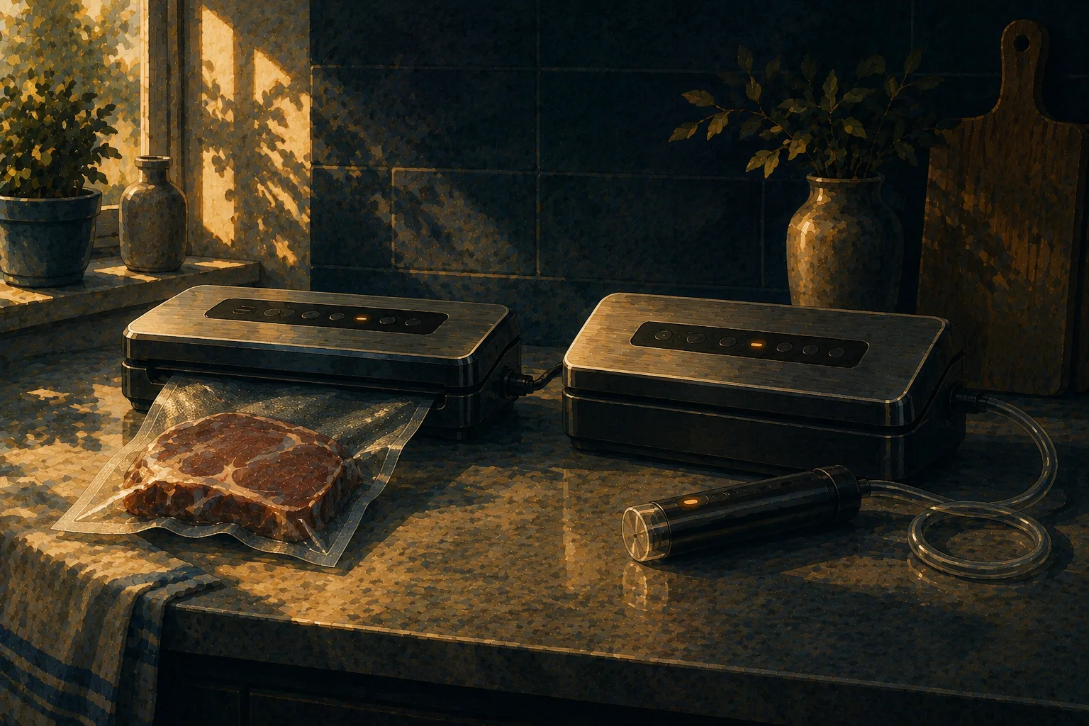 Painterly editorial illustration of two external vacuum sealers on a kitchen counter, one holding a bag mid-seal and the other with a small handheld wand resting beside it, warm window light