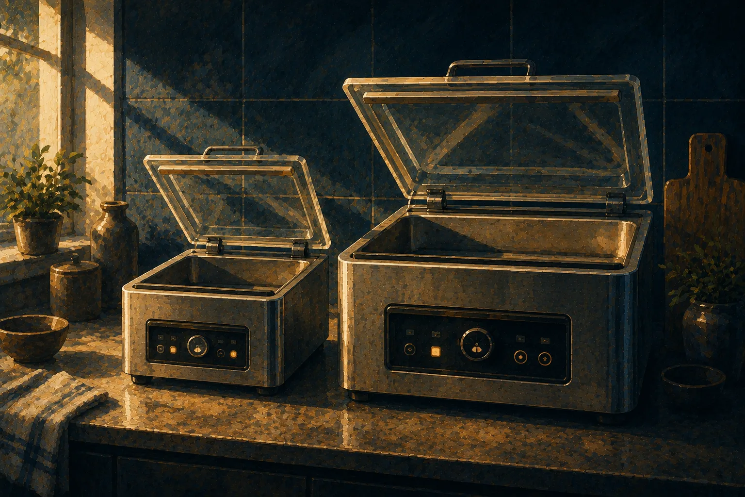 Painterly editorial illustration of two chamber vacuum sealers side by side on a kitchen counter, one compact and one larger, both with glass lids raised