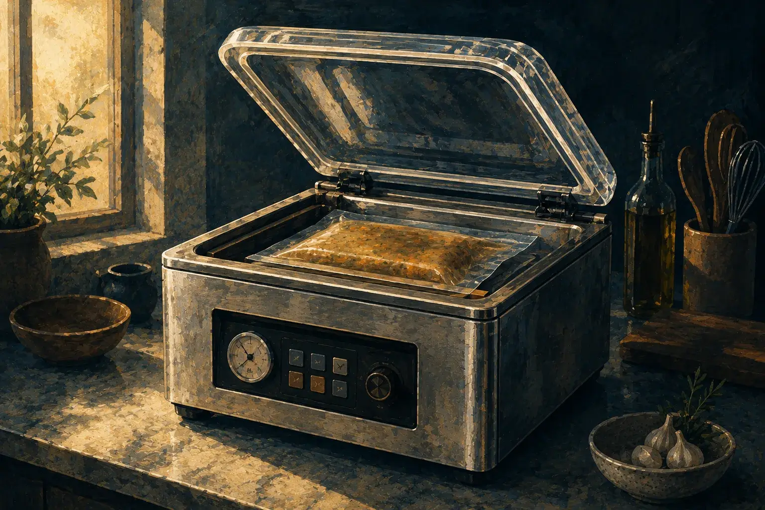 Painterly editorial illustration of a countertop chamber vacuum sealer with its glass lid raised, a pouch of soup resting inside the chamber