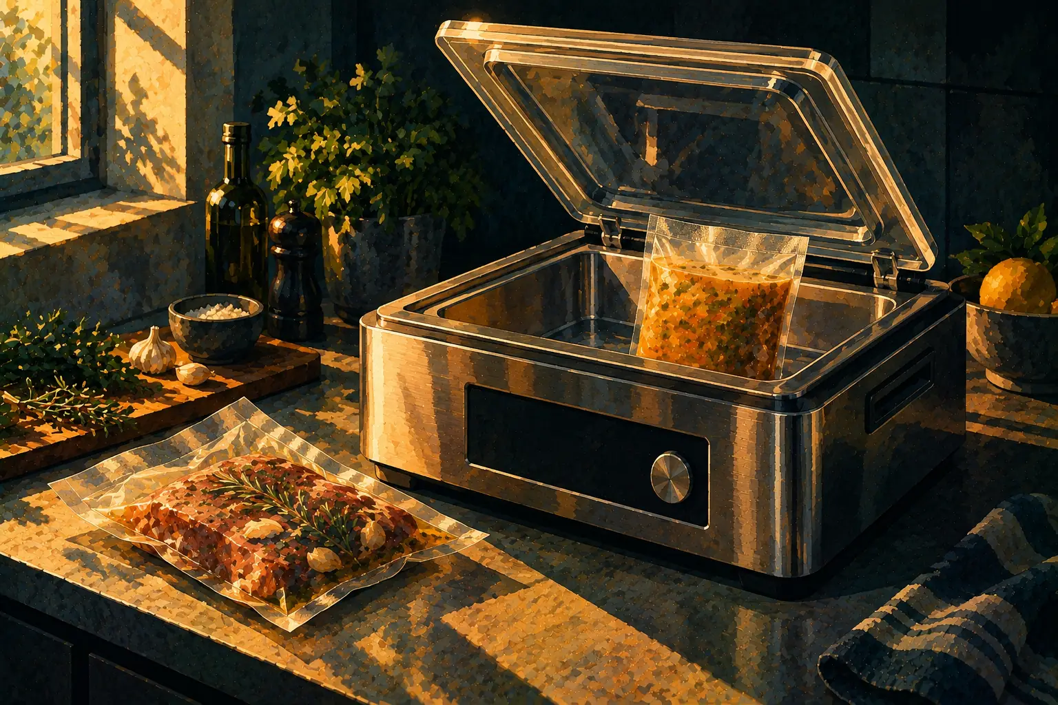 Painterly editorial illustration of a countertop chamber vacuum sealer with its clear lid raised, a pouch of soup standing in the chamber and a sealed pouch of marinated meat beside it, warm window light