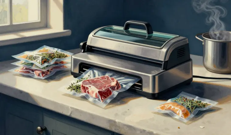 Painterly editorial illustration of a vacuum sealer on a stone counter with sealed pouches of food, window light