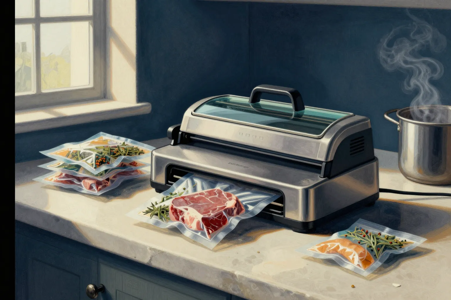 Painterly editorial illustration of a vacuum sealer on a stone counter with sealed pouches of food, window light