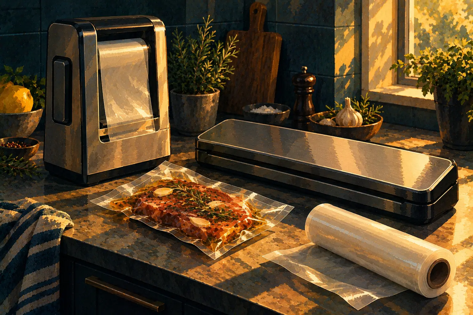 Painterly editorial illustration of two countertop edge vacuum sealers of different shapes, one upright and one long and flat, with a sealed bag of marinated meat and a roll of bag film between them, warm window light