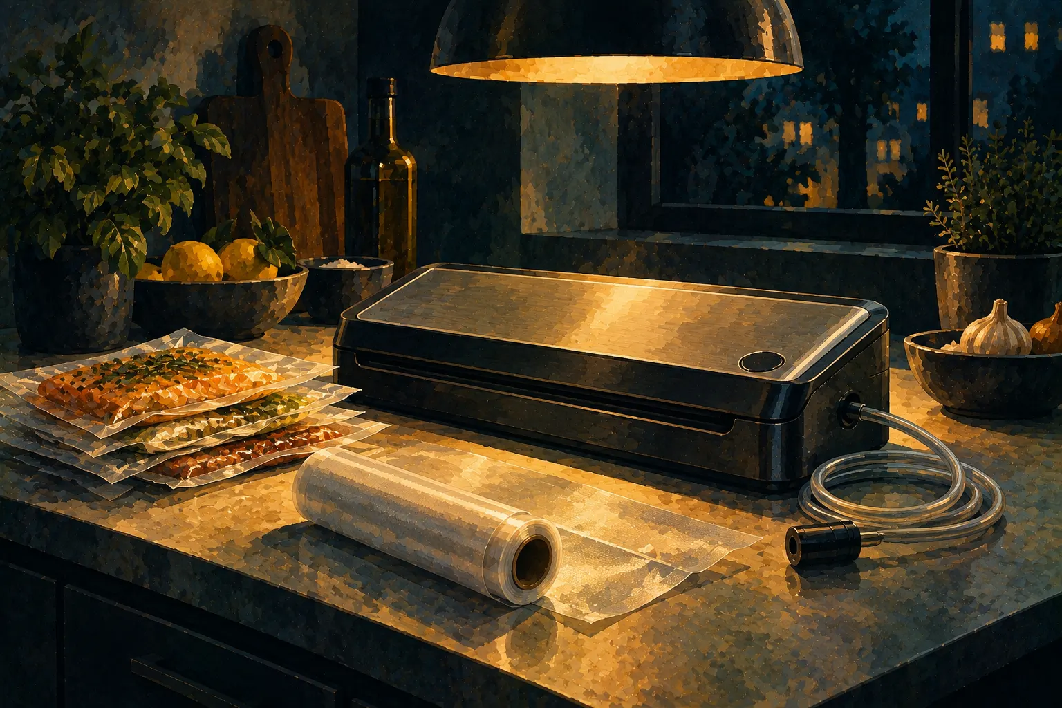 Painterly editorial illustration of a countertop vacuum sealer with a coiled handheld hose beside a stack of flat sealed bags and a half-used roll, under a pendant lamp in a night kitchen