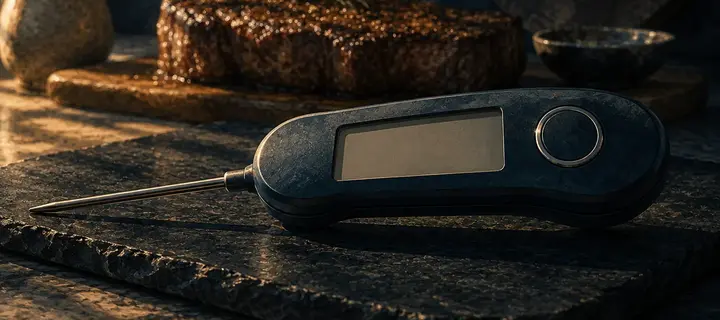 Painterly editorial illustration of an instant-read thermometer in the foreground with a seared steak resting behind it