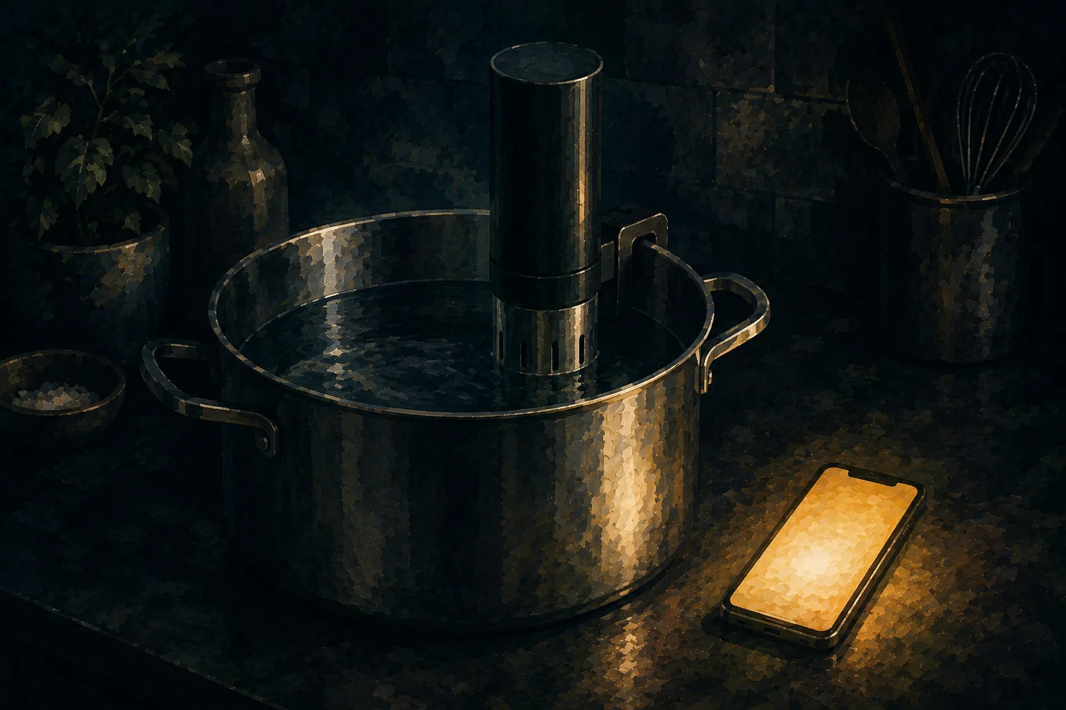 Painterly editorial illustration of a buttonless immersion circulator clamped to a stockpot on a dim kitchen counter, a phone screen glowing beside it as the only source of light