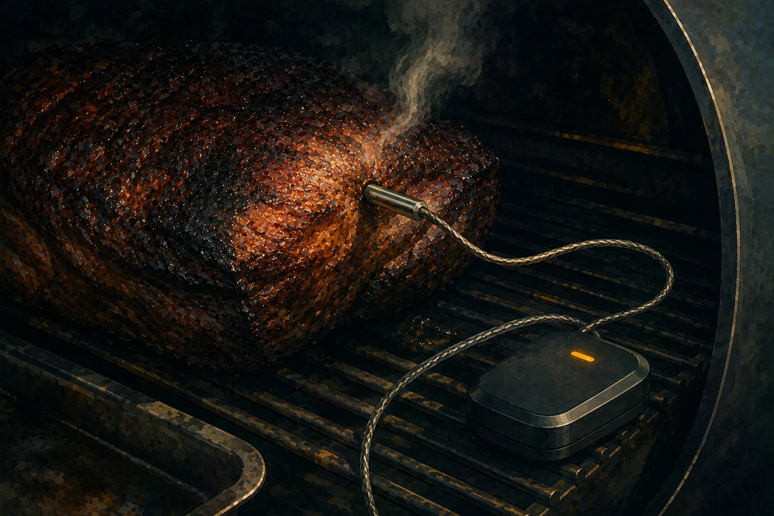 Painterly editorial illustration of a wireless probe thermometer handle resting near a roast inside a smoker, faint wisps of steam curling around the probe tip