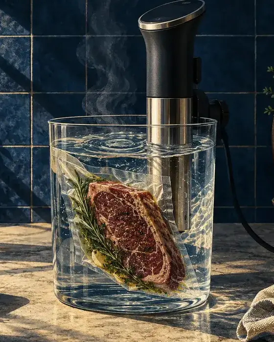Painterly editorial illustration of an immersion circulator in a clear container of water with a sealed bag of steak submerged, navy tiled kitchen