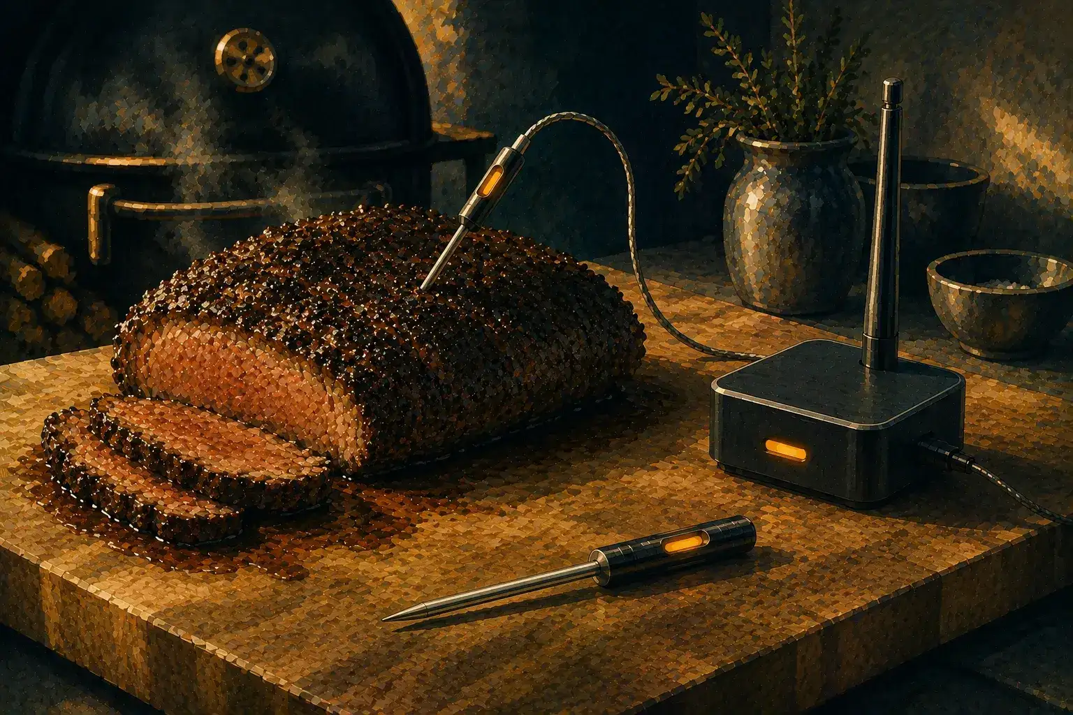 Painterly editorial illustration of two wireless leave-in probe thermometers, one paired with a small radio-relay hub, resting near a roast on a butcher block