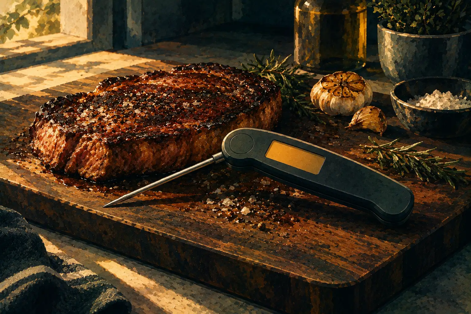 Painterly editorial illustration of a folding instant-read thermometer resting beside a seared steak on a dark wooden board, warm window light raking across the counter