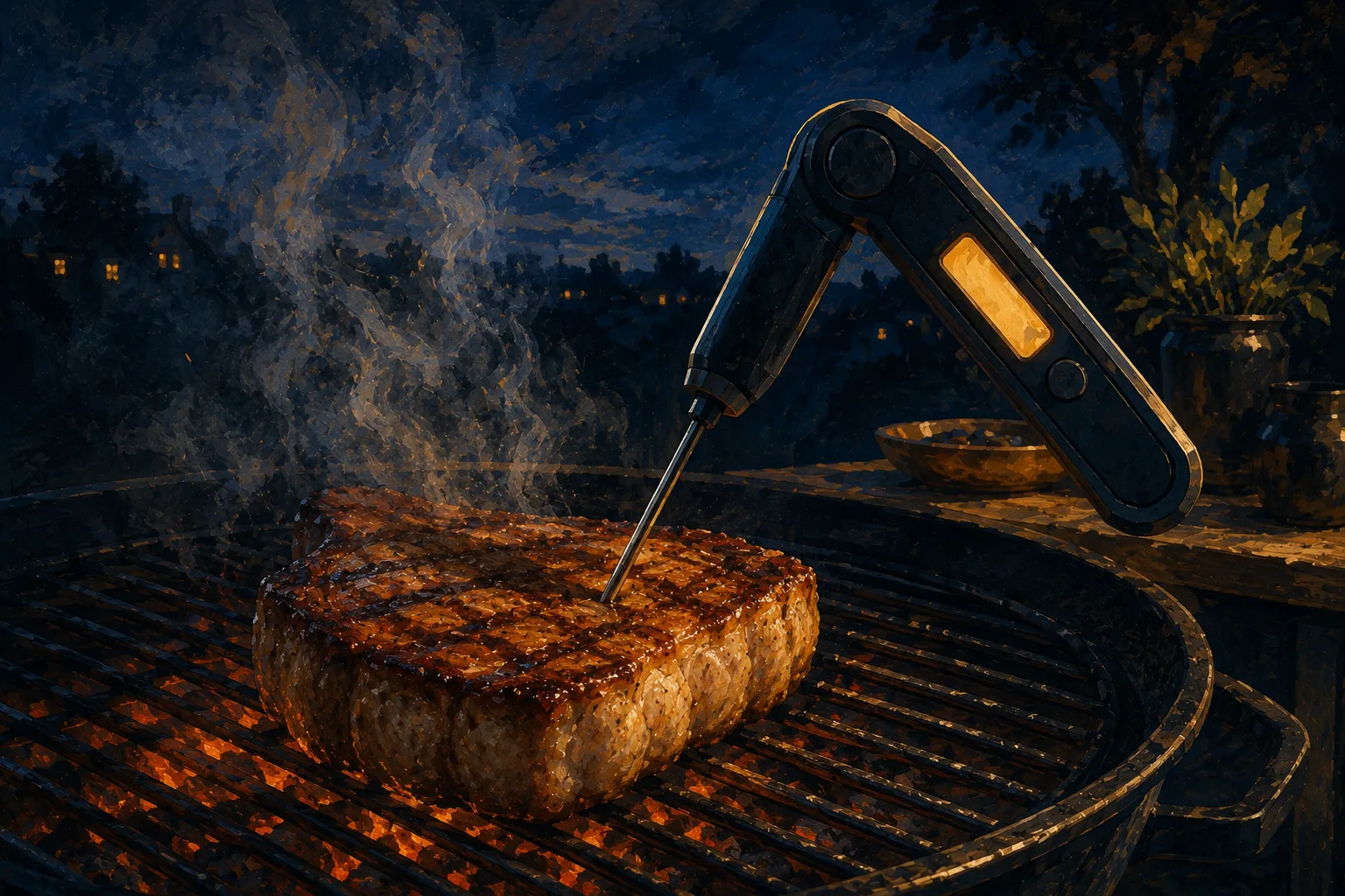 Painterly editorial illustration of an instant-read thermometer probing a chop on an open grill, smoke drifting past the display