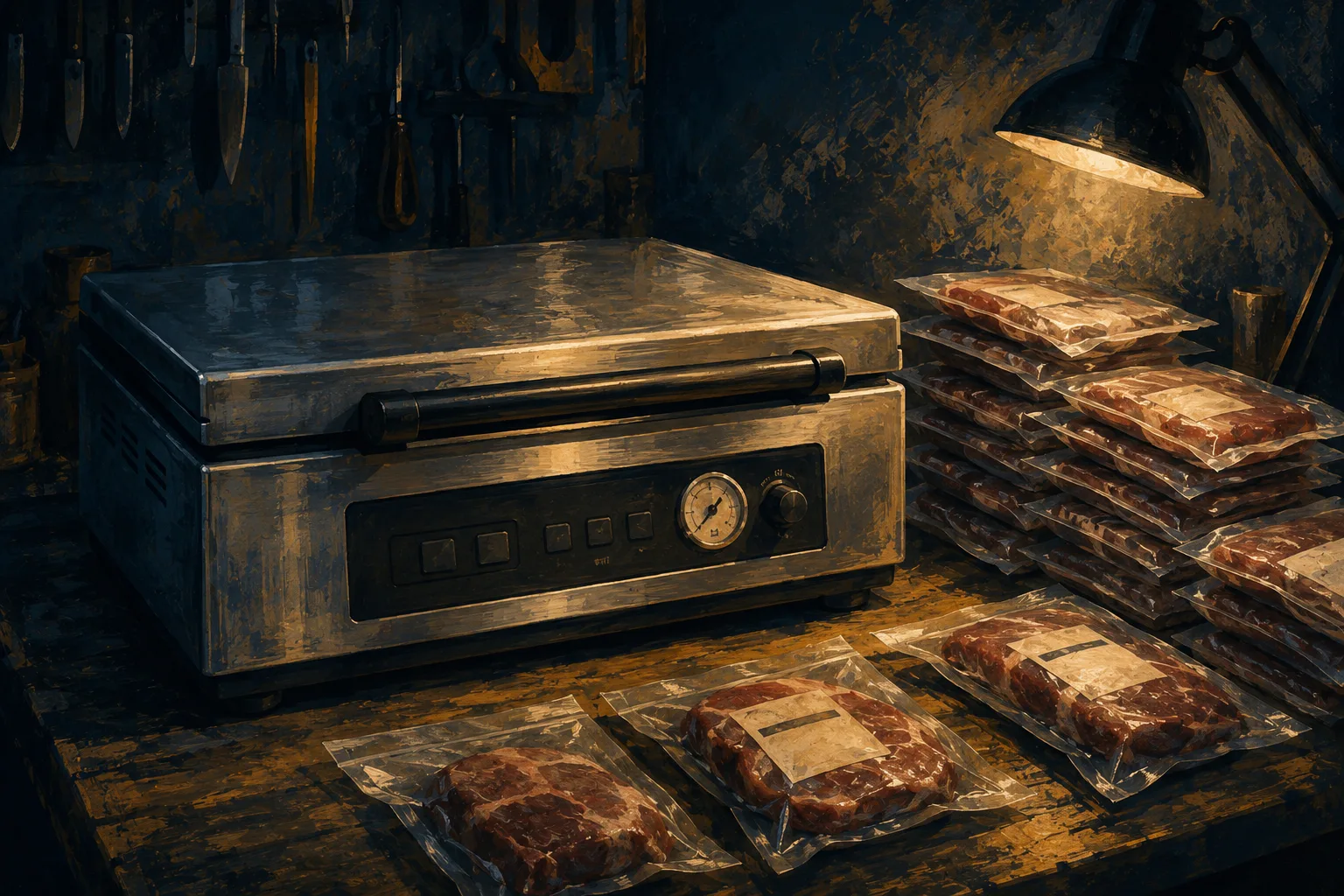 Painterly editorial illustration of a stainless vacuum sealer on a workbench at night, rows of sealed freezer packages stacked beside it