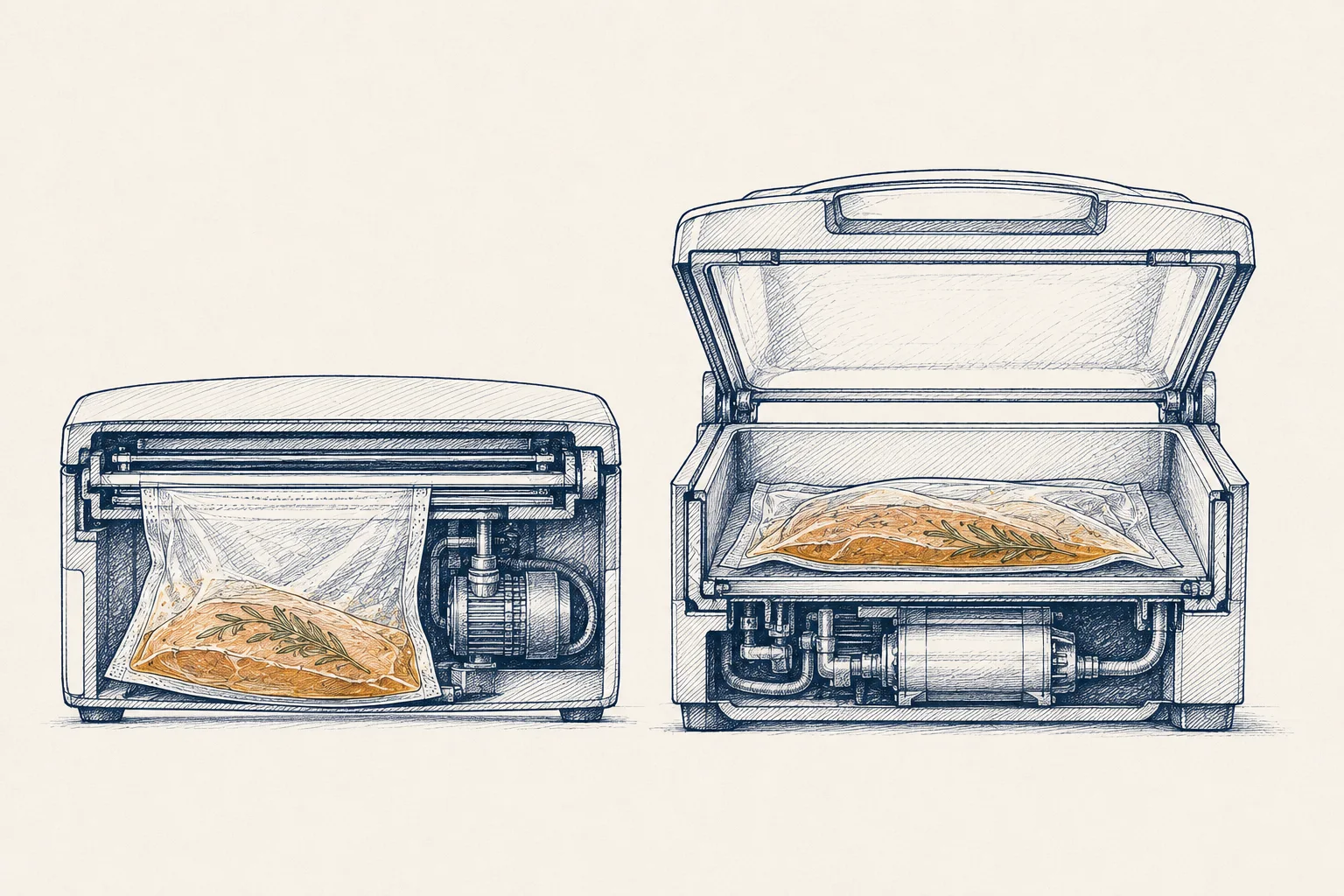 Ink cutaway drawing of a suction vacuum sealer and a chamber vacuum sealer side by side